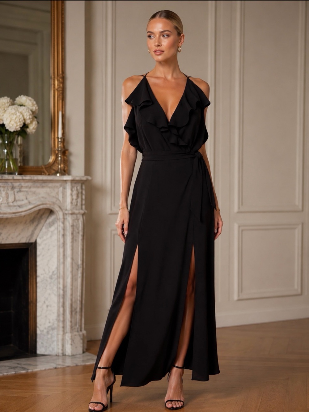 BEBE backless dress with two front slits.
